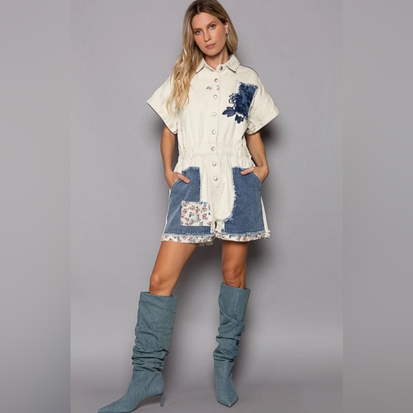 POL Embroidered Patchwork Collar Button Down Color Block Floral Denim Romper - Picture 3 of 4